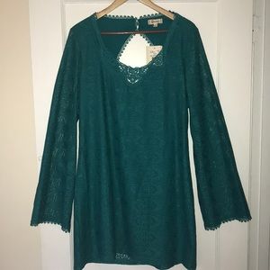 NWT Olsenboye Teal Lace Midi Dress w/ Bell Sleeves